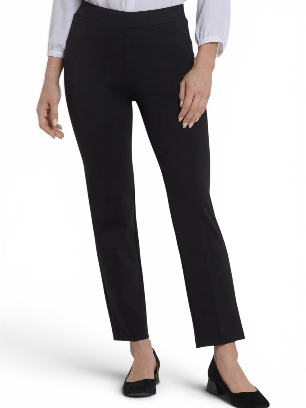 NYDJ Pull On Slim Ankle Trouser Pants Black Ponte Knit Lift Tuck Size 6 Small